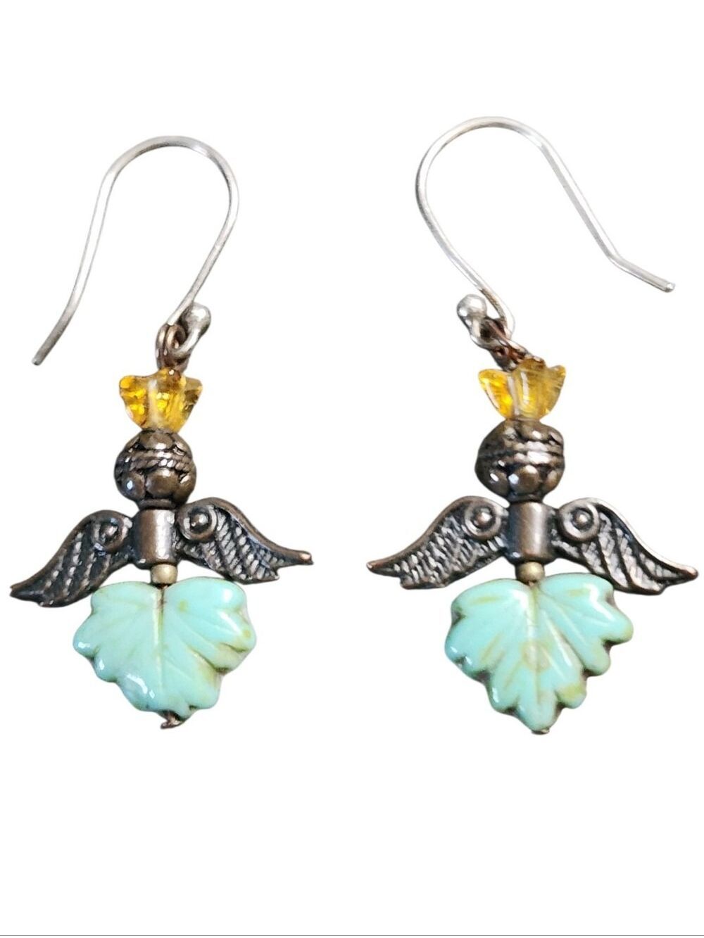 Mint Leaf Angel Drop Earrings with Orange Crystal Accent